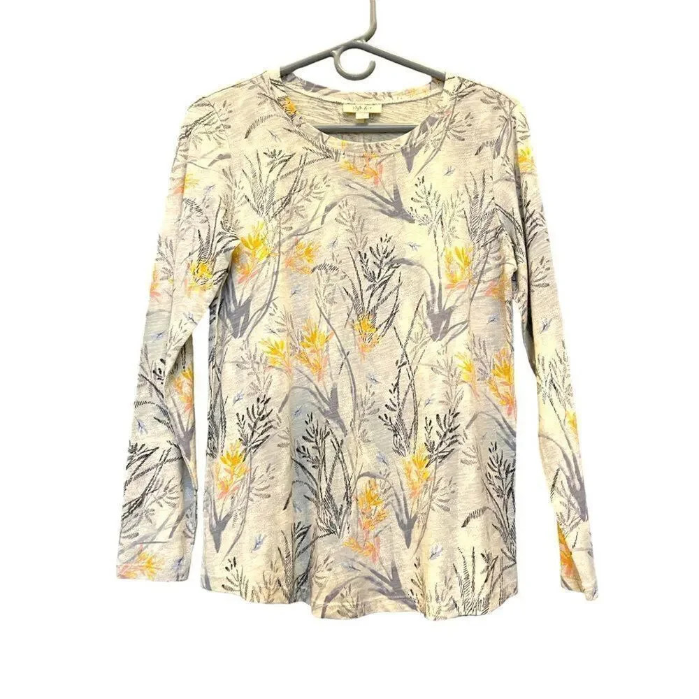 Style & Co. Women’s Small Gray &‎ Yellow Floral Long Sleeved Tee